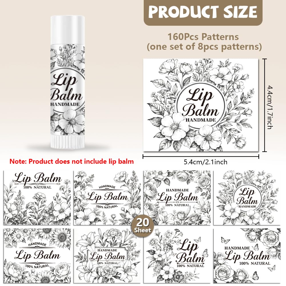 Peacoblue 160Pcs Lip Balm Labels Sticker for Tubes 2.1"x1.7" Black and White Flowers, 8 Styles Waterproof Chapstick Labels Glossy for Homemade Lip Beauty and Personal Care peacoblue