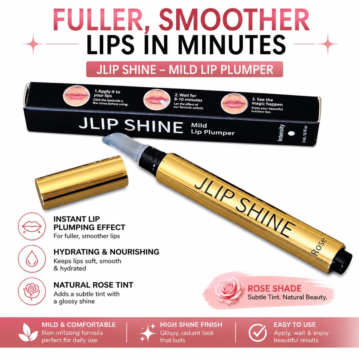 JLipShine Rose Lip Plumper Gloss - Hydrating Lip Plumping Oil with Hyaluronic Acid, Peptides & Vitamin E - Moisturizing High Shine Lip Gloss Treatment Beauty and Personal Care BIOTYFACEPRO SKINCARE