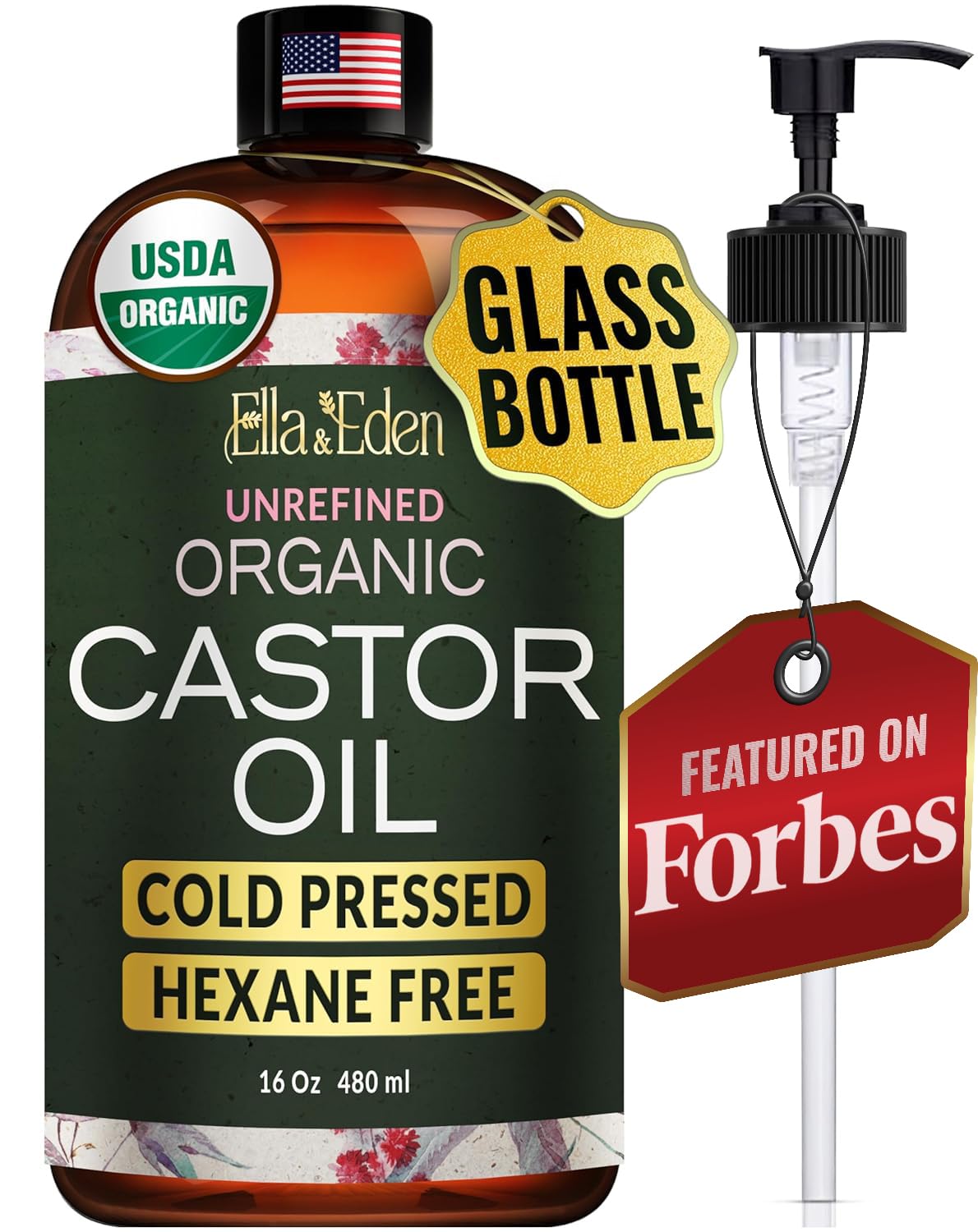 Ella & Eden USDA Organic Castor Oil - 100% Pure Cold Pressed Hexane-Free - Glass Bottle - For Hair Growth, Face, Eyelash, Skin, Stomach - Unrefined 16 Beauty and Personal Care Ella & Eden Default Title