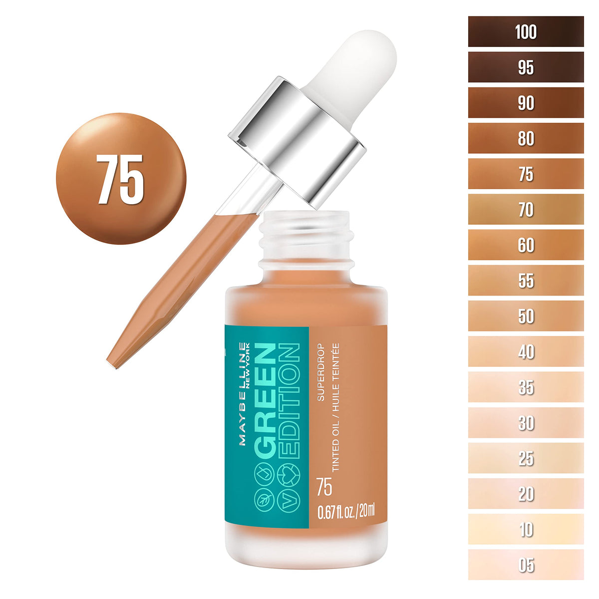 Maybelline Green Edition Superdrop Tinted Oil Base Makeup, Adjustable Natural Coverage Foundation Formulated With Jojoba & Marula Oil, 75, 1 Count