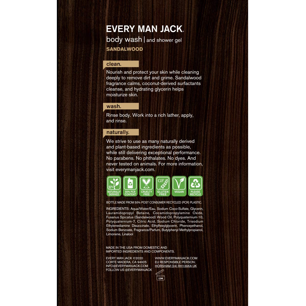 Every Man Jack Men's Body Wash Twin Pack - Sandalwood | 16.9-ounce - 2 Bottles Included | Naturally Derived, Parabens-free, Dye-free, and Certified Beauty & Personal Care Every Man Jack