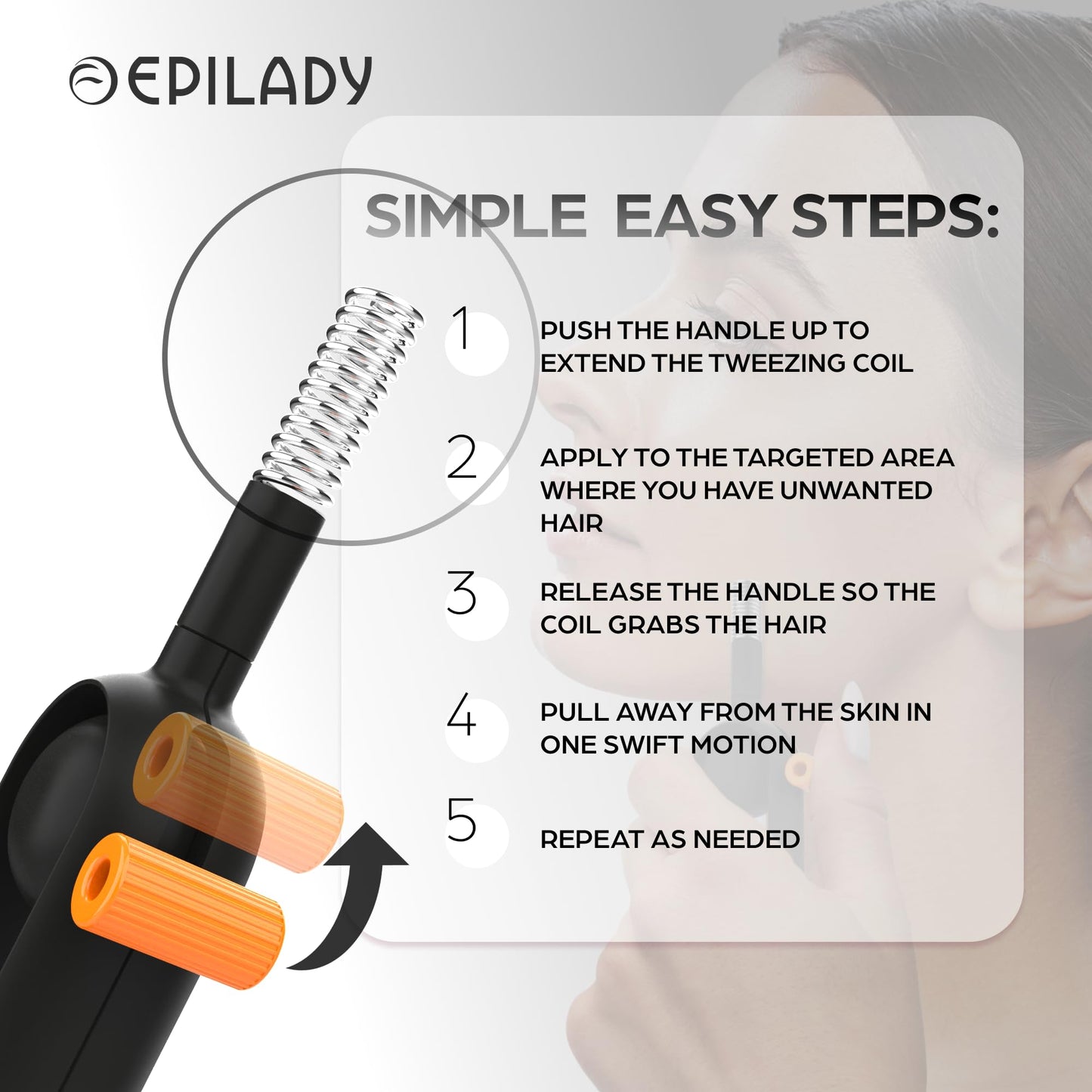 Epilady Precision Coil Tweezer, Manual Facial Hair Remover for Women, Stainless Steel Spring Hair Removal Tool for Upper Lip, Chin & Face, Ergonomic Beauty and Personal Care Epilady