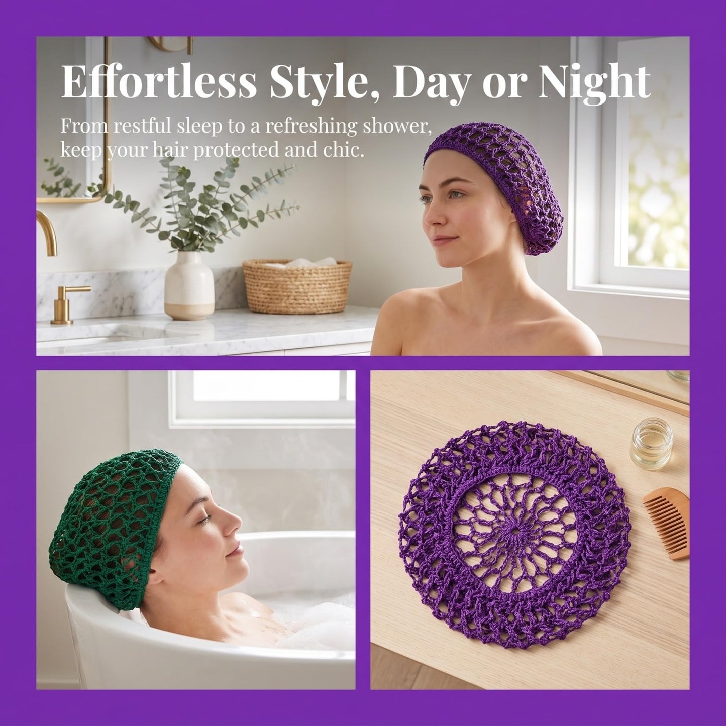 CALLARON 2Pcs Hair Net Cap - Crochet Mesh Cap, Rayon Handcraft Knit Snood Sleeping Caps for Women Girls(Green+Purple) Beauty and Personal Care CALLARON