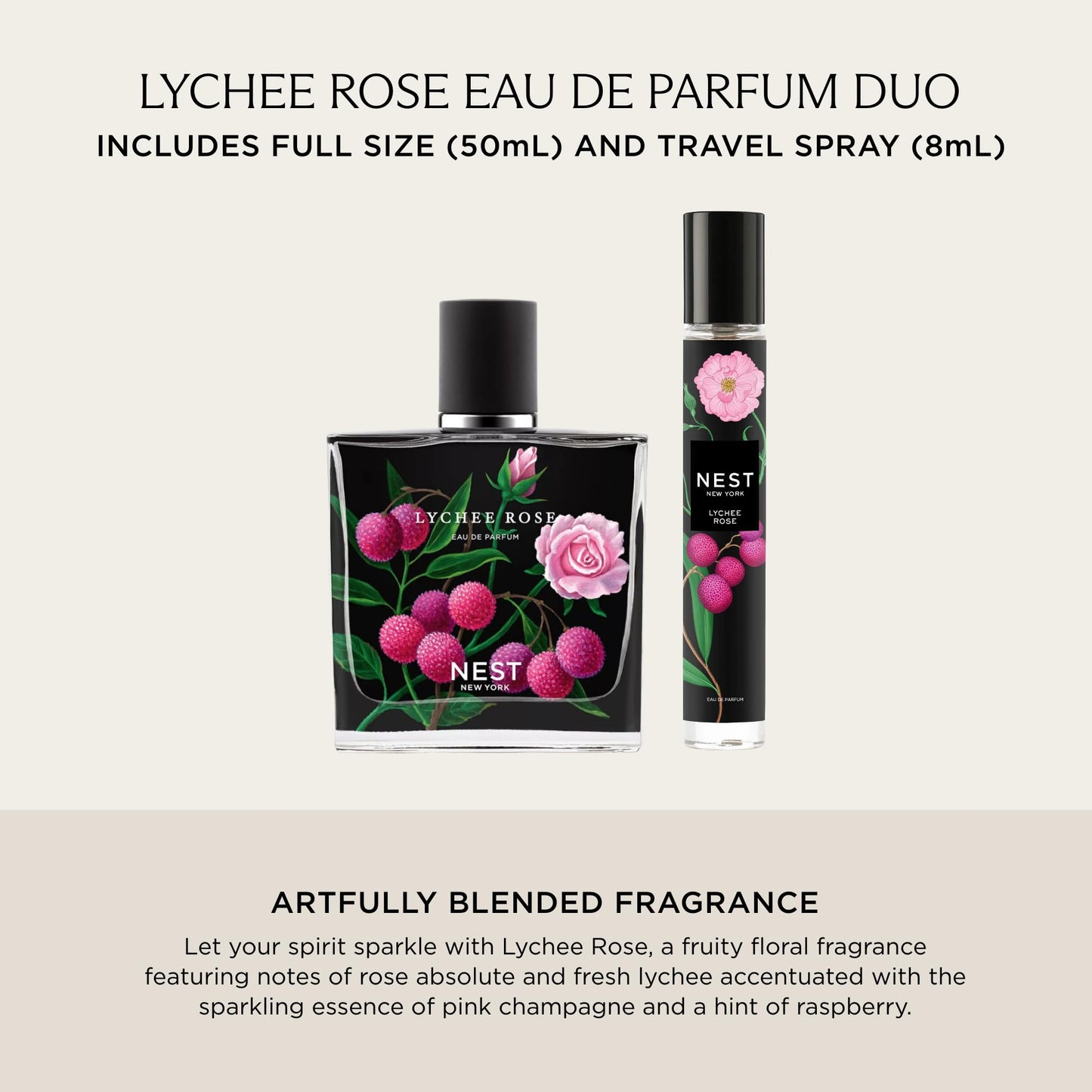 NEST New York Lychee Rose Fine Fragrance Set - Includes 50 mL (Full Size) & 8 mL (Travel Spray) - Vegan, Cruelty Free Beauty & Personal Care NEST New York
