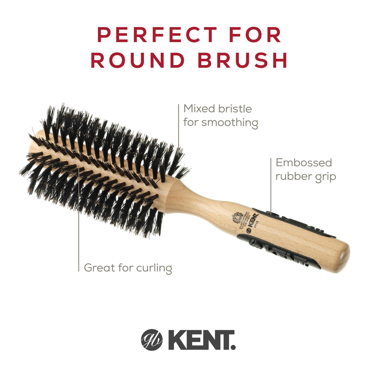 Kent PF03 Round Boar Bristle Hair Brush with Nylon Bristle Mix, Round HairBrush for Blow Drying and Blowout, for Shoulder Length or Short Hair, Rubber