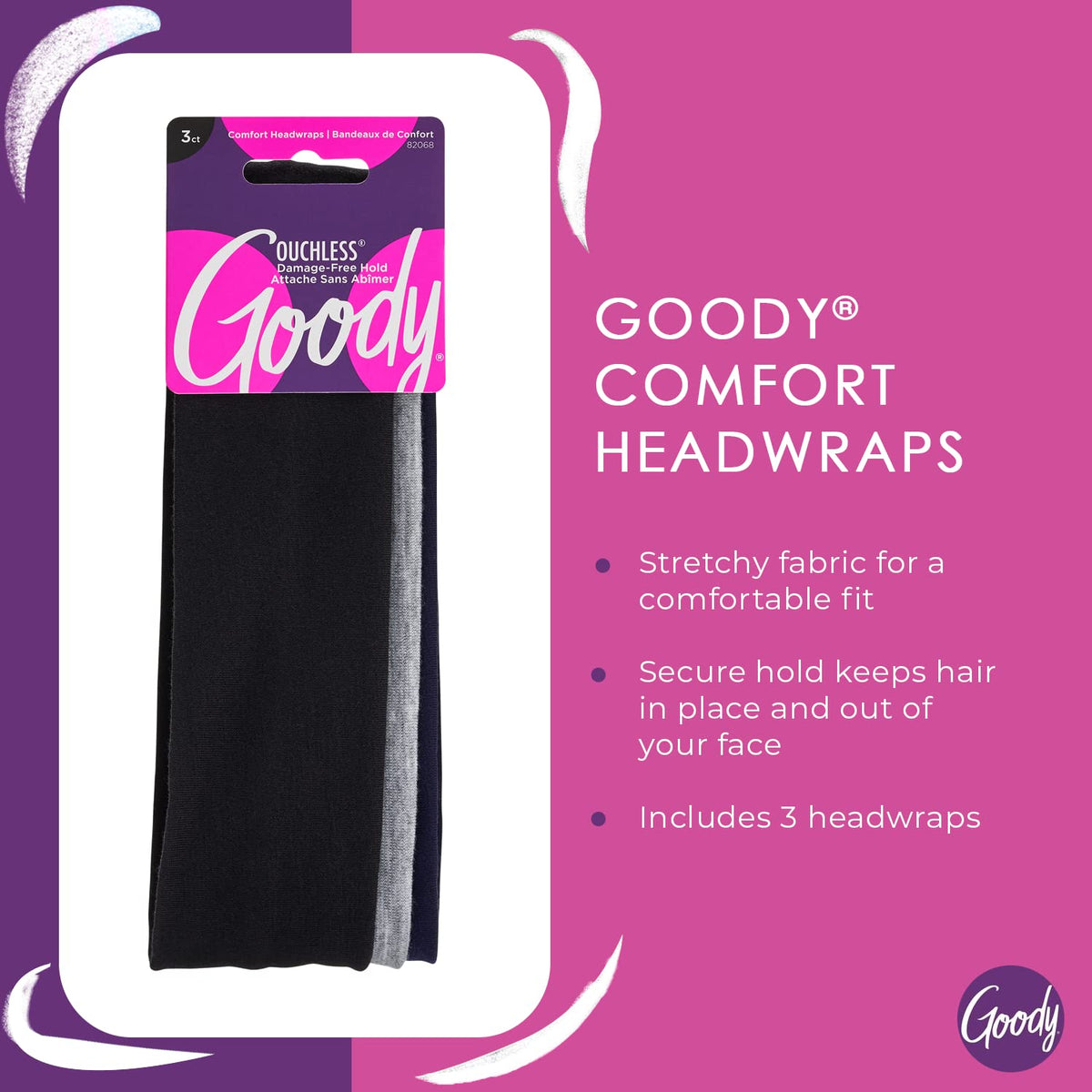Goody Ouchless Comfort Head Wraps - 3 Ct, Black/Grey/Navy Blue, Soft & Stretchy Fabric Headbands for Women & Men, Secure Hold Yoga, Workout Headband,