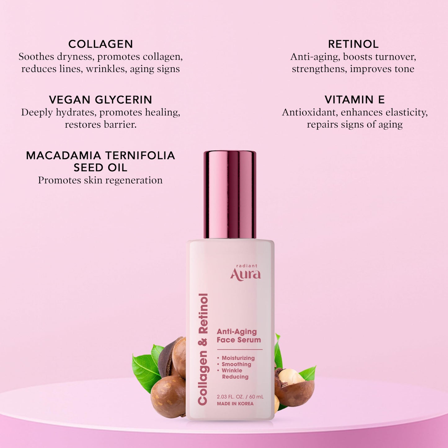 Radiant Aura Collagen & Retinol Serum For Face - Dermatologist Tested, Anti Aging, Korean Skin Care - Firming, Hydrating, Fast-Absorbing, Smoothing Beauty & Personal Care Radiant Aura