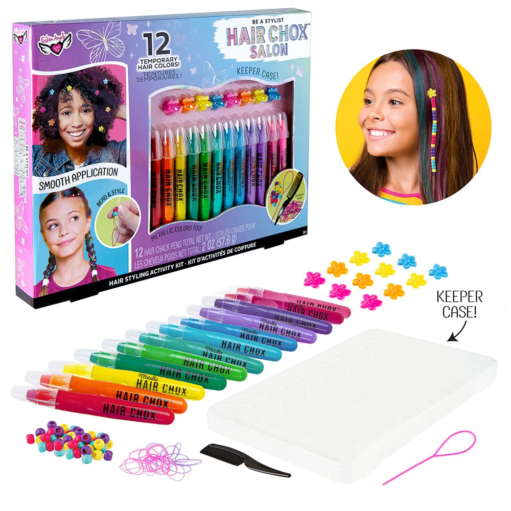 Fashion Angels Be a Stylist Hair Chox Salon Activity Kit - 12 Temporary Hair Chalk Pens, Yellow,Orange,Blue,Green,Pink,Red,Purple (12957) Beauty & Personal Care Fashion Angels