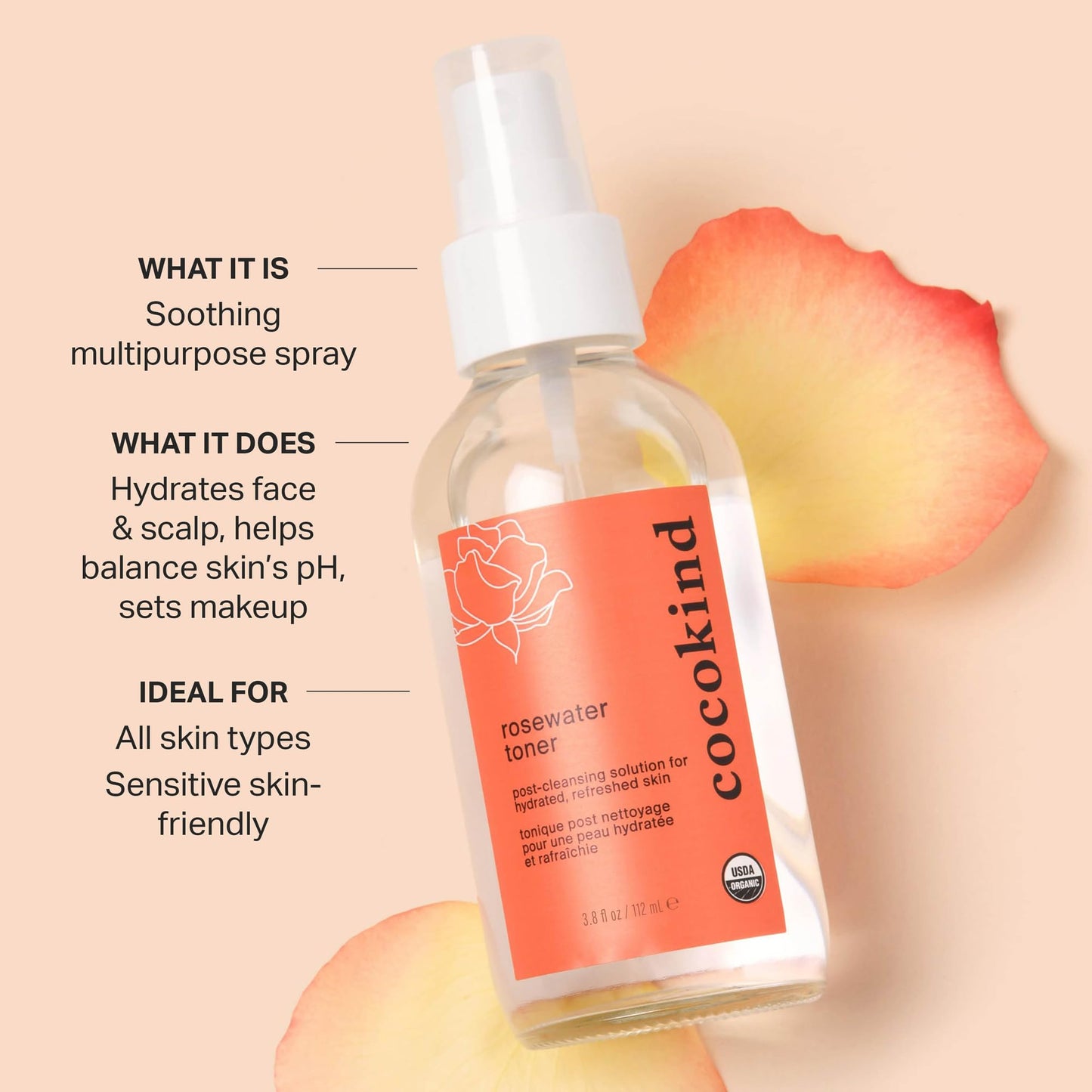 Rosewater Facial Toner by Cocokind, Multipurpose Spray to Set Makeup, Double Cleanse, and Balance Skins pH, Made with Rose Hydrosol, 4 Fl Oz Beauty & Personal Care Cocokind