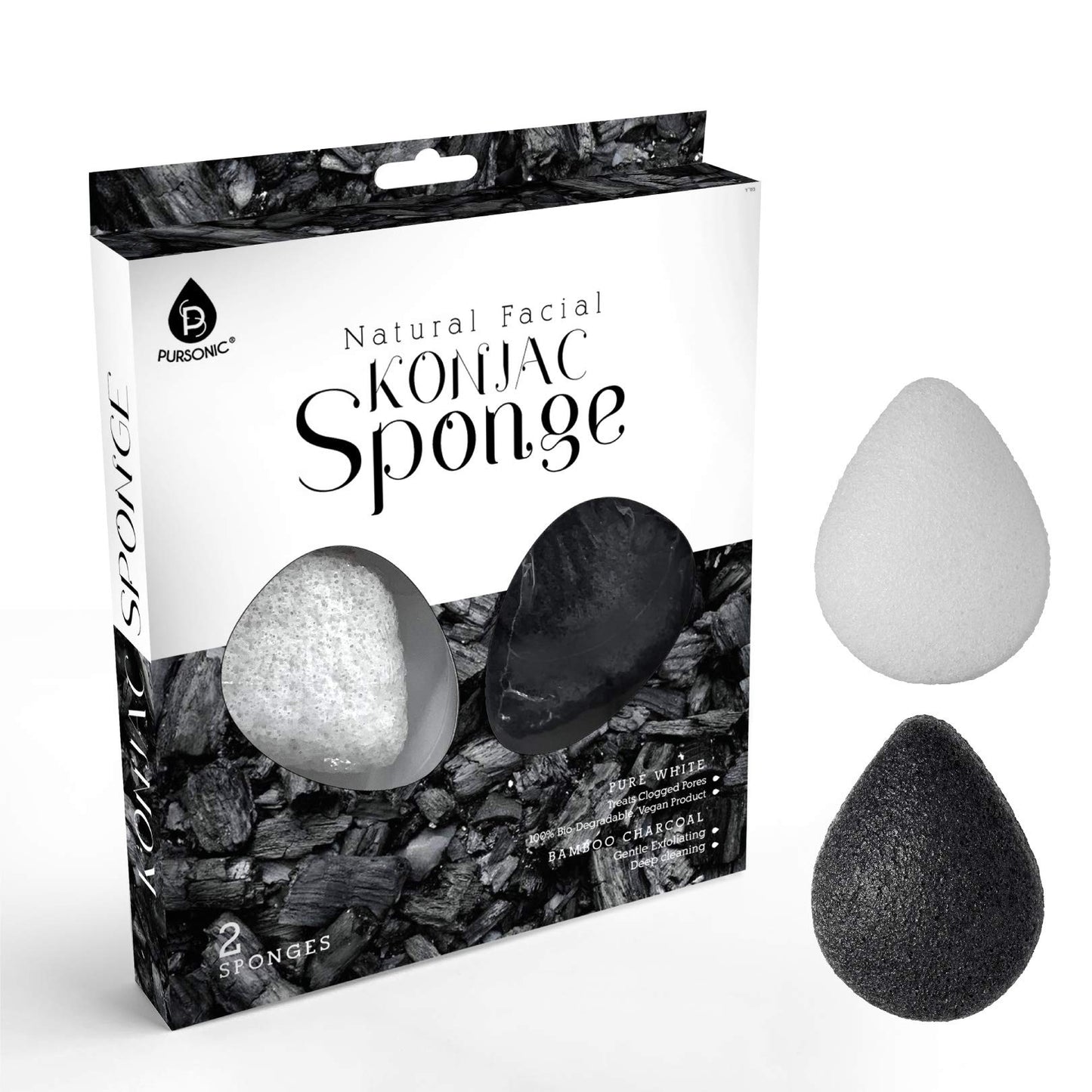 Pursonic Natural Konjac Bamboo Charcoal Facial Sponge for Gentle Face Cleansing and Exfoliation, Helps with Clogged Pores 100% Bio-Degradable,Vegan Beauty and Personal Care PURSONIC