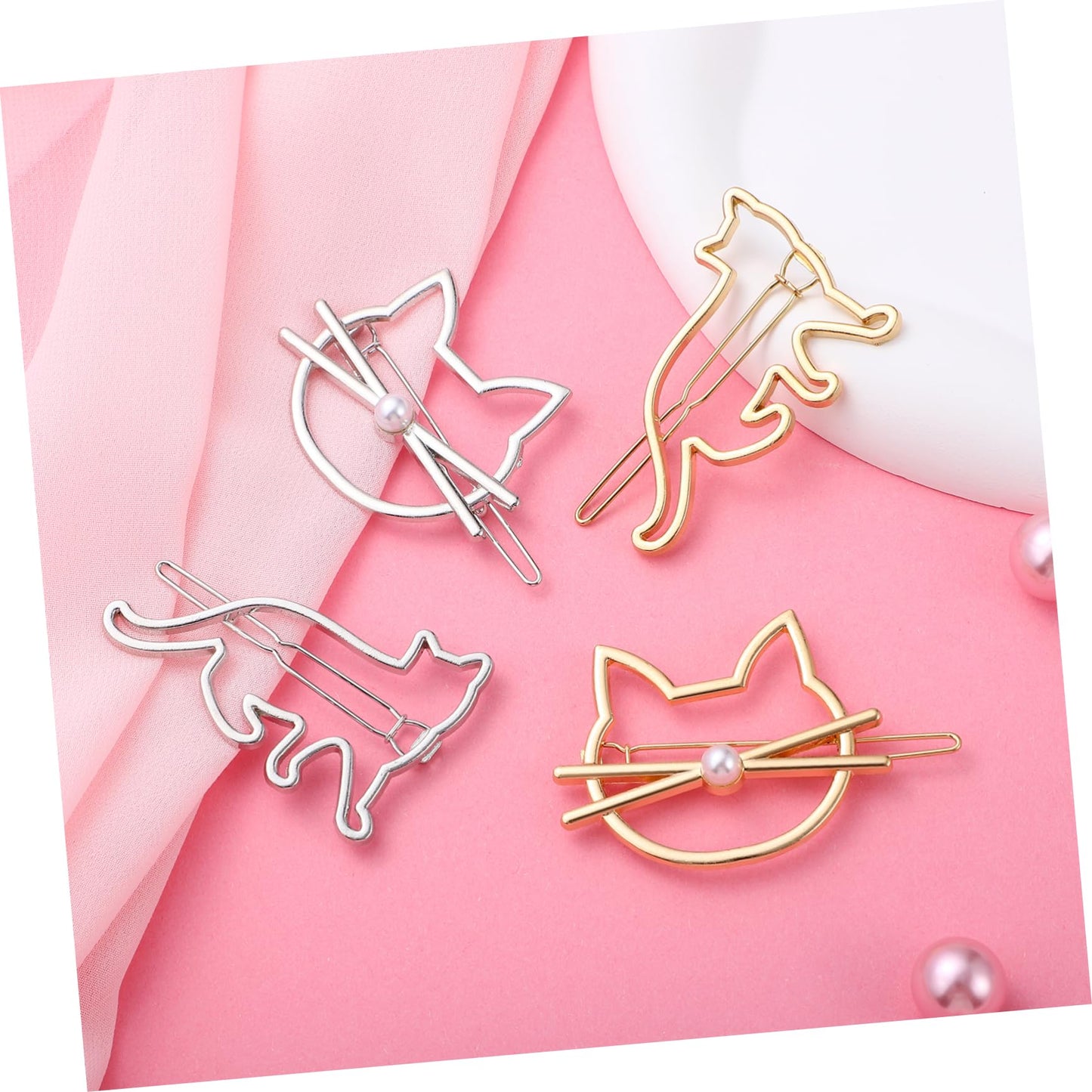 FRCOLOR Cat Hair Clip, 4 Pieces Metal Novelty Pearl Cat Shaped Hair Clips Cute Small Cat Barrettes Hairpins for Women Girls Beauty & Personal Care FRCOLOR
