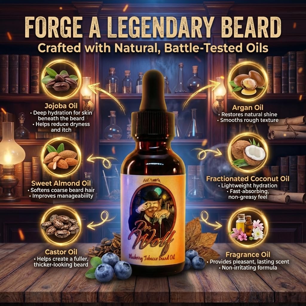 Fable Beard Co. Beard Oil - Dr. Wolf, Fresh Blueberries, Warm Tobacco, & Aged Mahogany, Natural Beard Oil for Men with Jojoba & Argan Oils, Vitamin E Beauty and Personal Care Fable Beard Co.