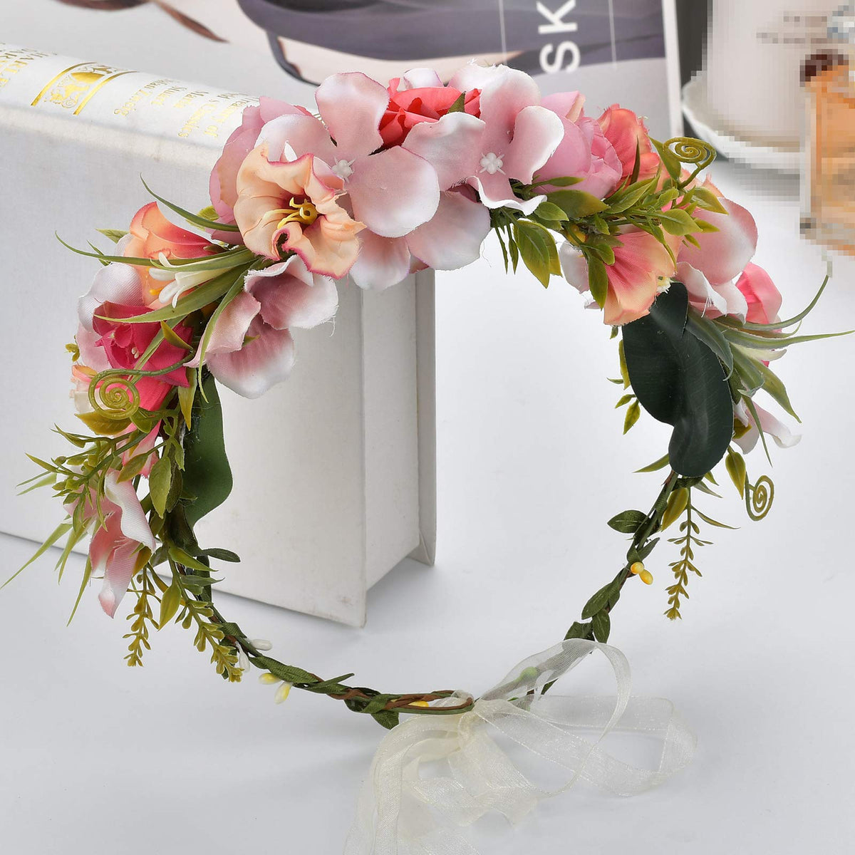 LLinfflr Women Floral Crown Boho Flower Headband Halo Headpiece Rosy Prom