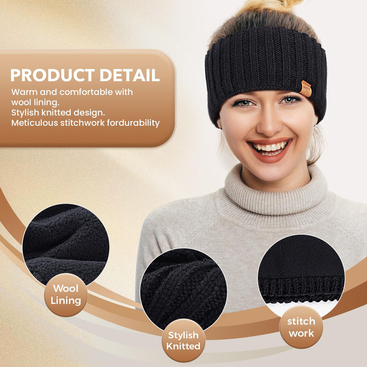 MUTKIS Winter Headbands for Women 3 Pack, Ear Warmers for Women Headband Wool Knit Thick Fleece Lined, Cold Weather Warm Ear Muffs(Black&Beige&Dark