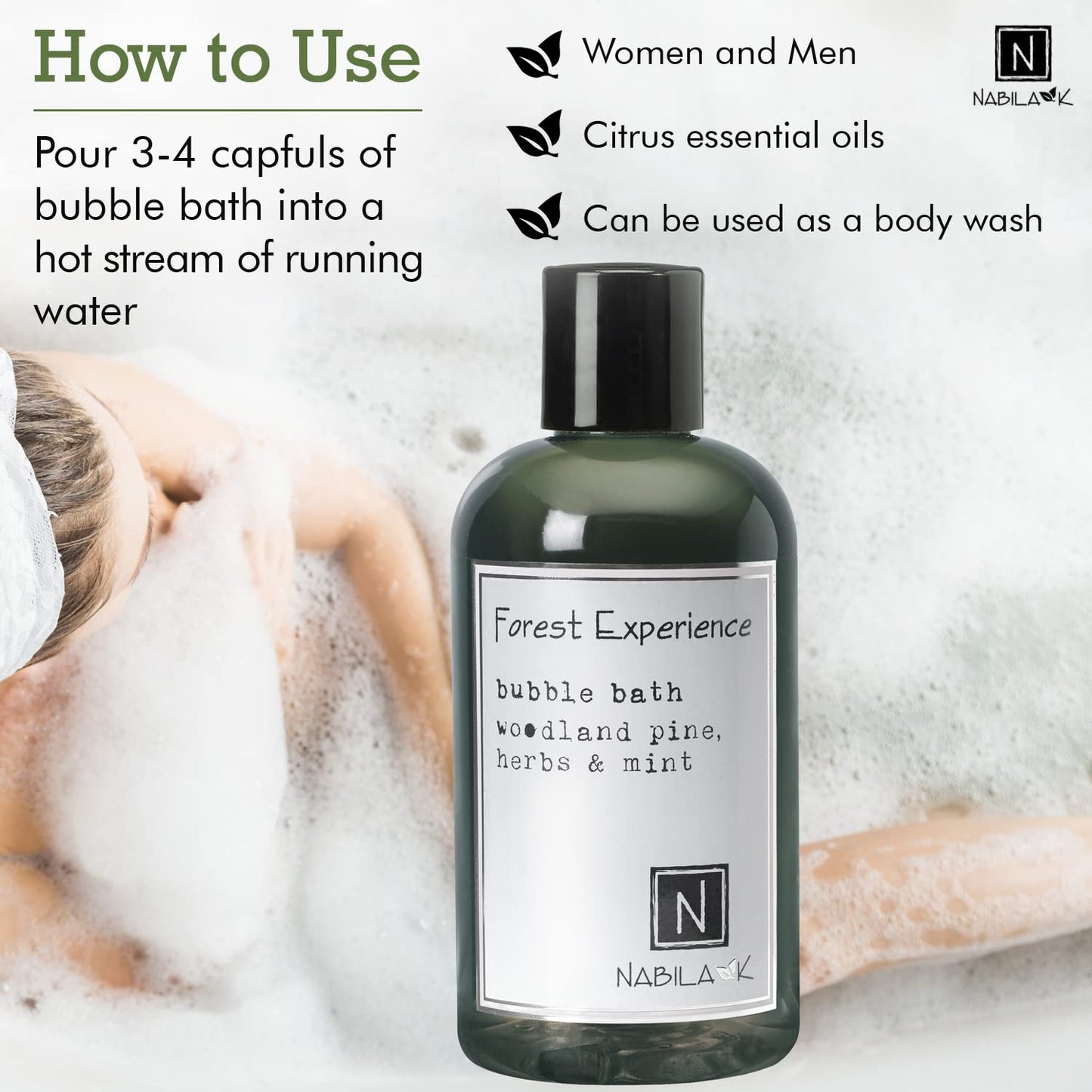 Nabila K Forest Experience Bubble Bath with Pine, Herbs & Mint - Natural & Organic, Sulfate-Free, Tear-Free - Luxury Aromatherapy Bath Soak Beauty and Personal Care Nabila K
