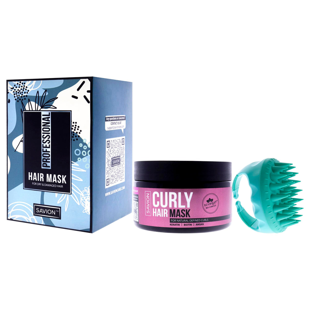 Savion Curly Hair Mask - Bundle for Women - 2 Pc 8.45oz Masque, Scalp Massager