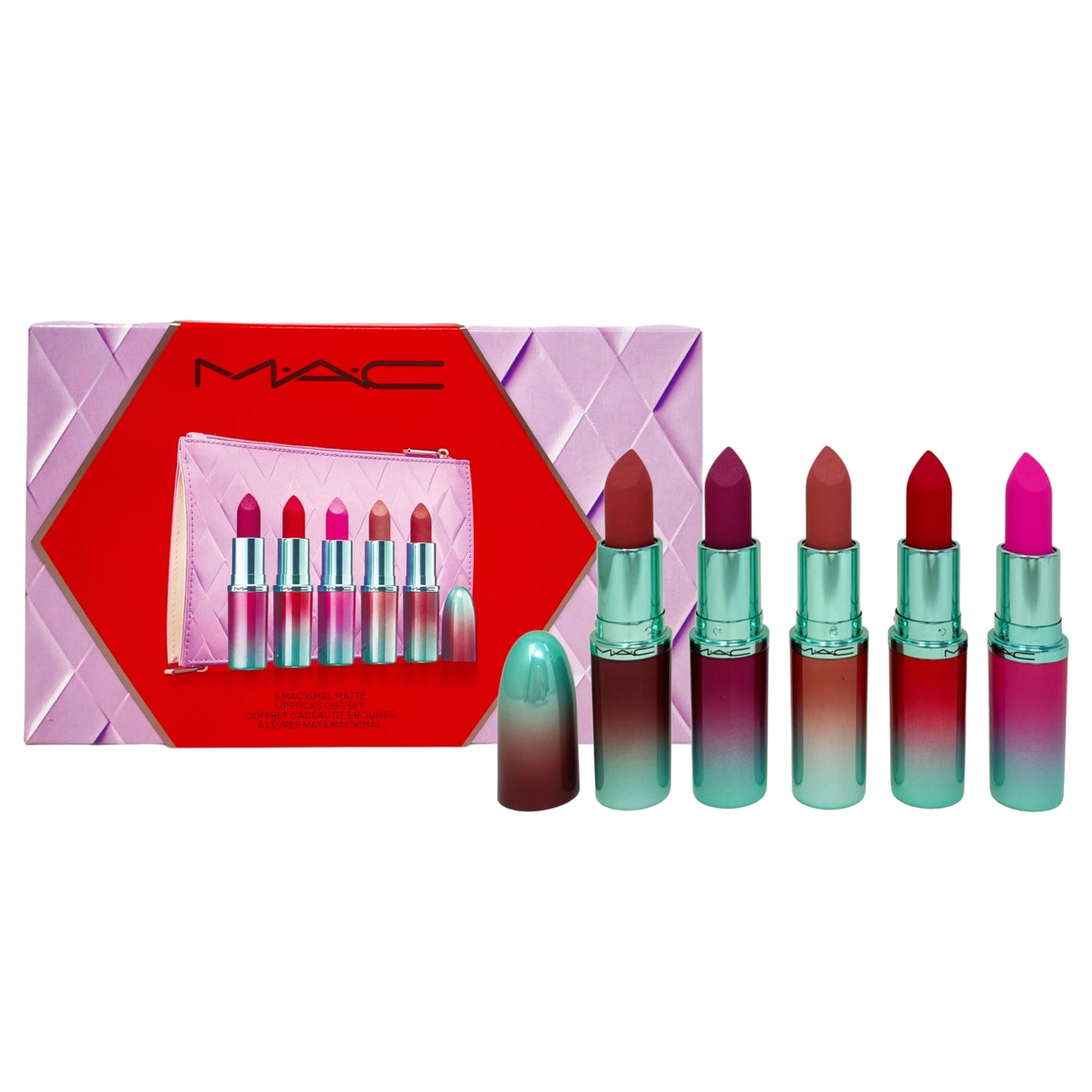 M·A·C Cosmetics Holiday Exclusive Less Is Bore 6 Piece Gift Set - 5 Full-Size M·A·Cximal Silky Matte Lipsticks + Purple Makeup Bag Beauty & Personal Care MAC