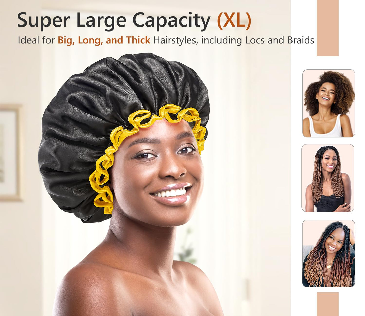 mikimini Extra Large Black Shower Cap for Women and Men Thick Long Hair Braids, Reusable Waterproof Double Layers XL Bathing Hair Caps with Vibrant Beauty & Personal Care mikimini