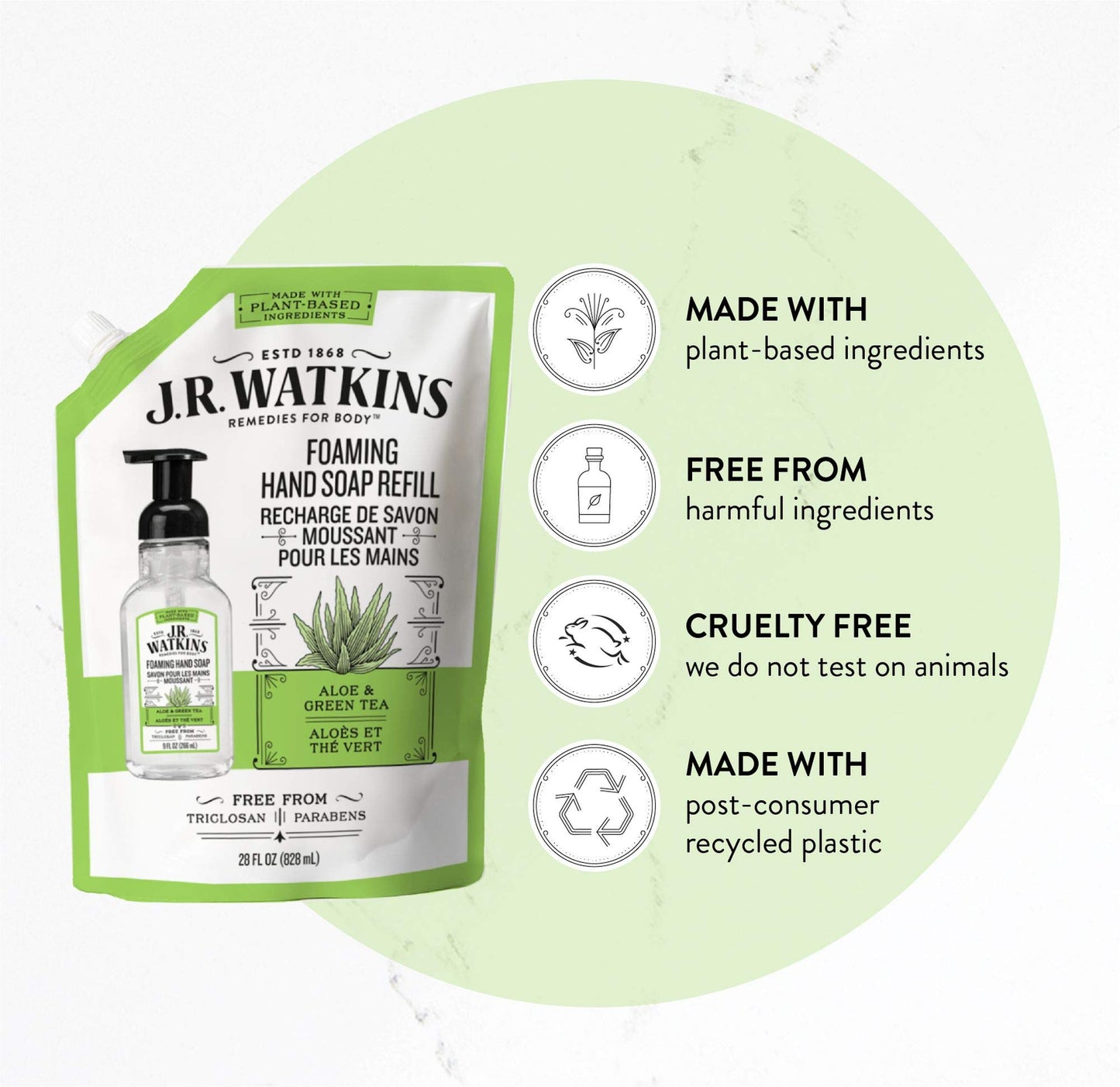 J.R. Watkins Foaming Hand Soap Refill Pouch, Scented Foam Handsoap for Bathroom or Kitchen, USA Made and Cruelty Free, 28 fl oz, Aloe & Green Tea, 2 Beauty & Personal Care J.R. Watkins