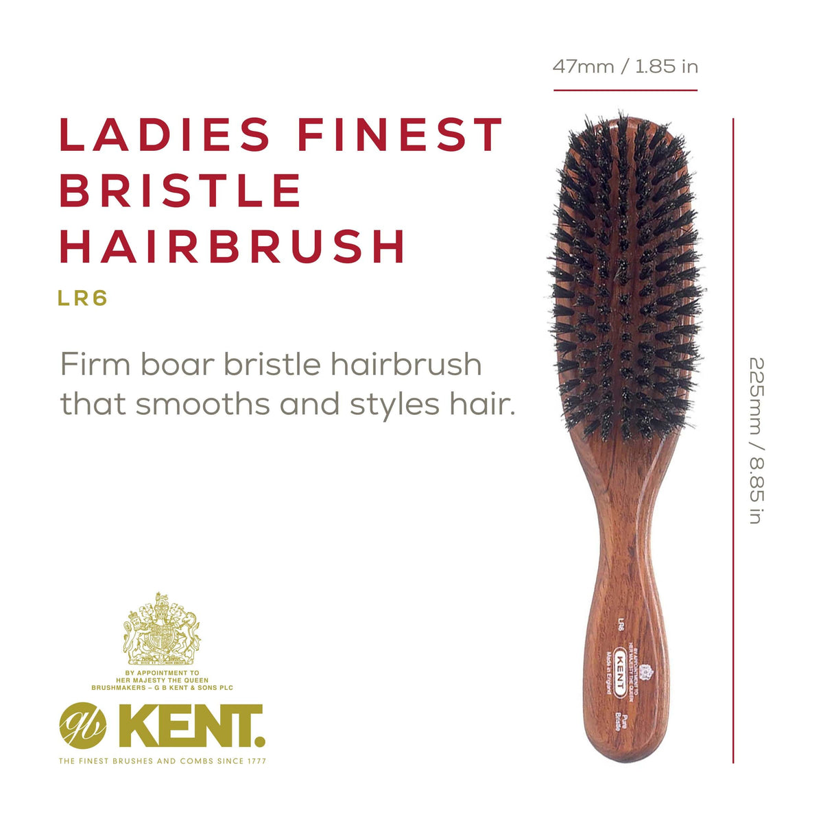 Kent LR6 Finest Dark Wood Styling Hair Brushes for Women - Natural Black Boar Bristle Hairbrush for Medium to Thick Hair of All Lengths - Dry Brush