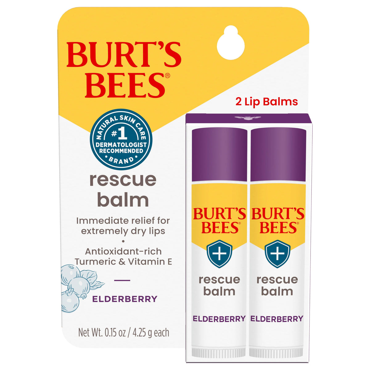 Burt's Bees Rescue Balm Elderberry Lip Balm, With Antioxidant-Rich Elderberry, Tint-Free, Natural Origin Lip Care, 2 Tubes, 0.15 oz. Beauty & Personal Care Burt's Bees
