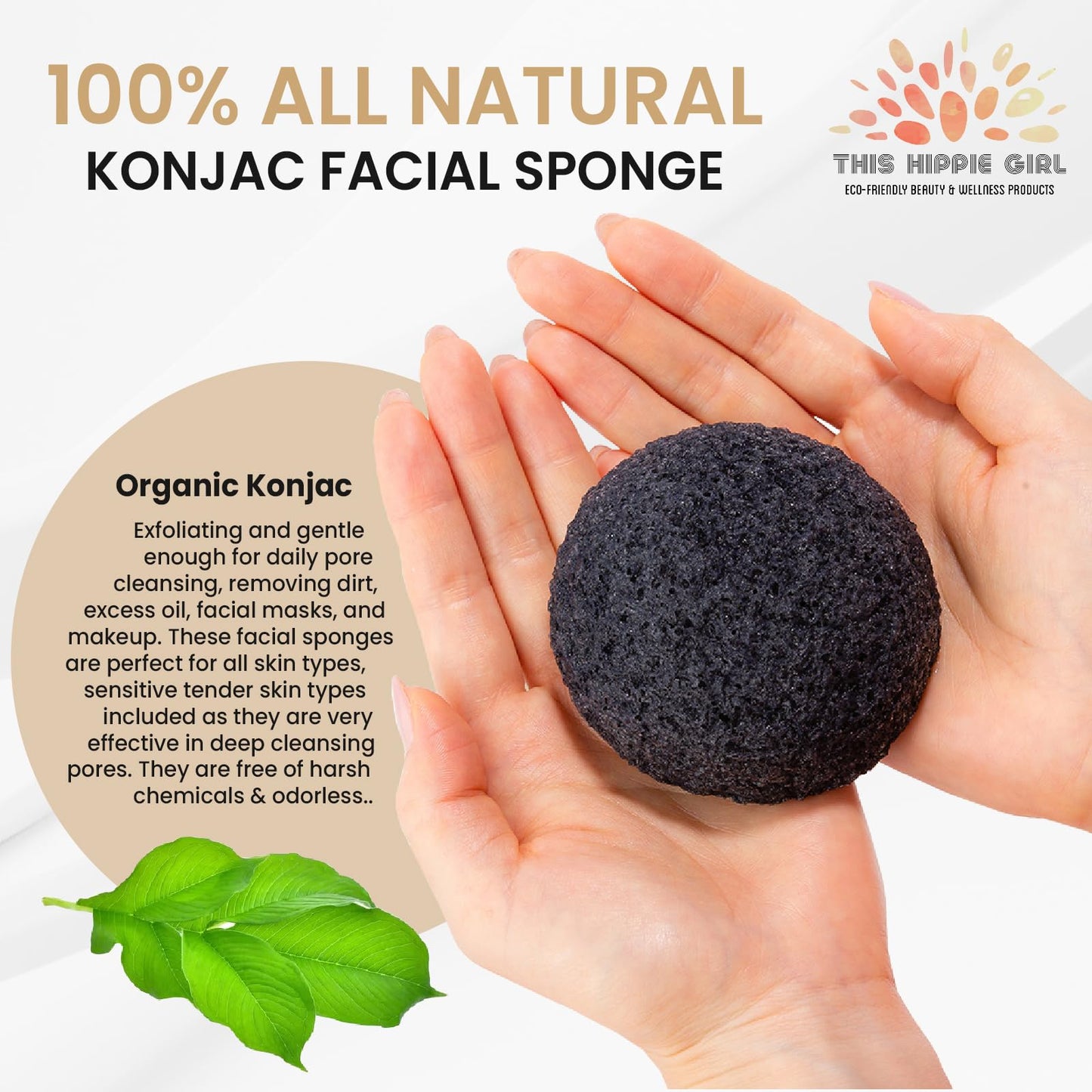 This Hippie Girl | Konjac Exfoliating Organic Facial Sponge | Plant Based Gentle Exfoliating Face Scrubbie | Acne Control Sponge | Charcoal Black Beauty & Personal Care Boho Aromatic