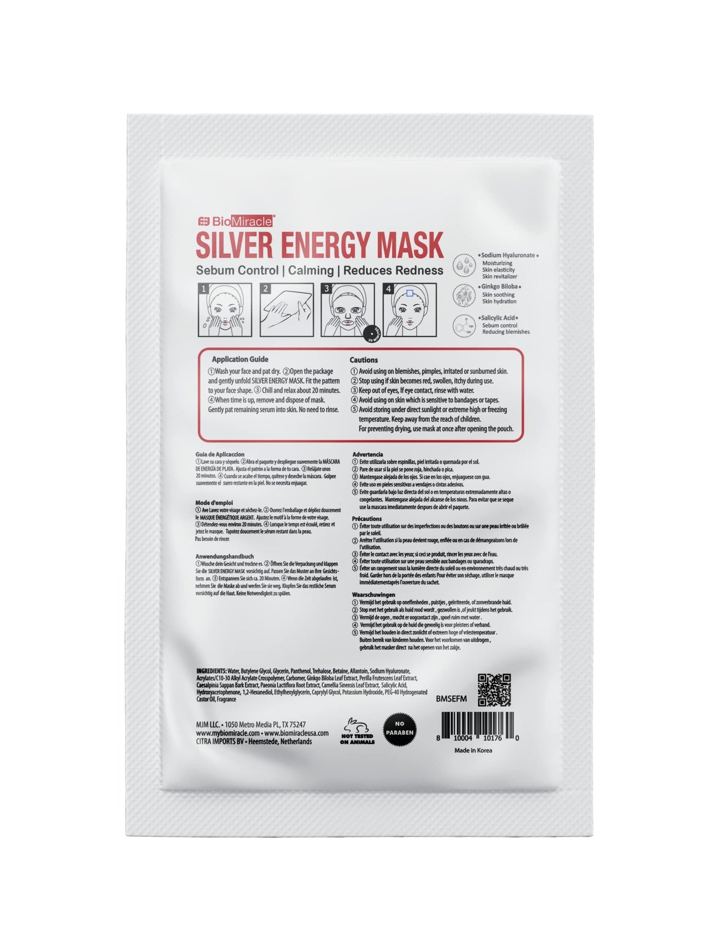 BioMiracle Silver Energy Mask with Sodium Hyaluronate, Ginkgo Biloba, Salicylic Acid for blemish-prone skin to purify, detoxify, revitalize skin Beauty & Personal Care BioMiracle