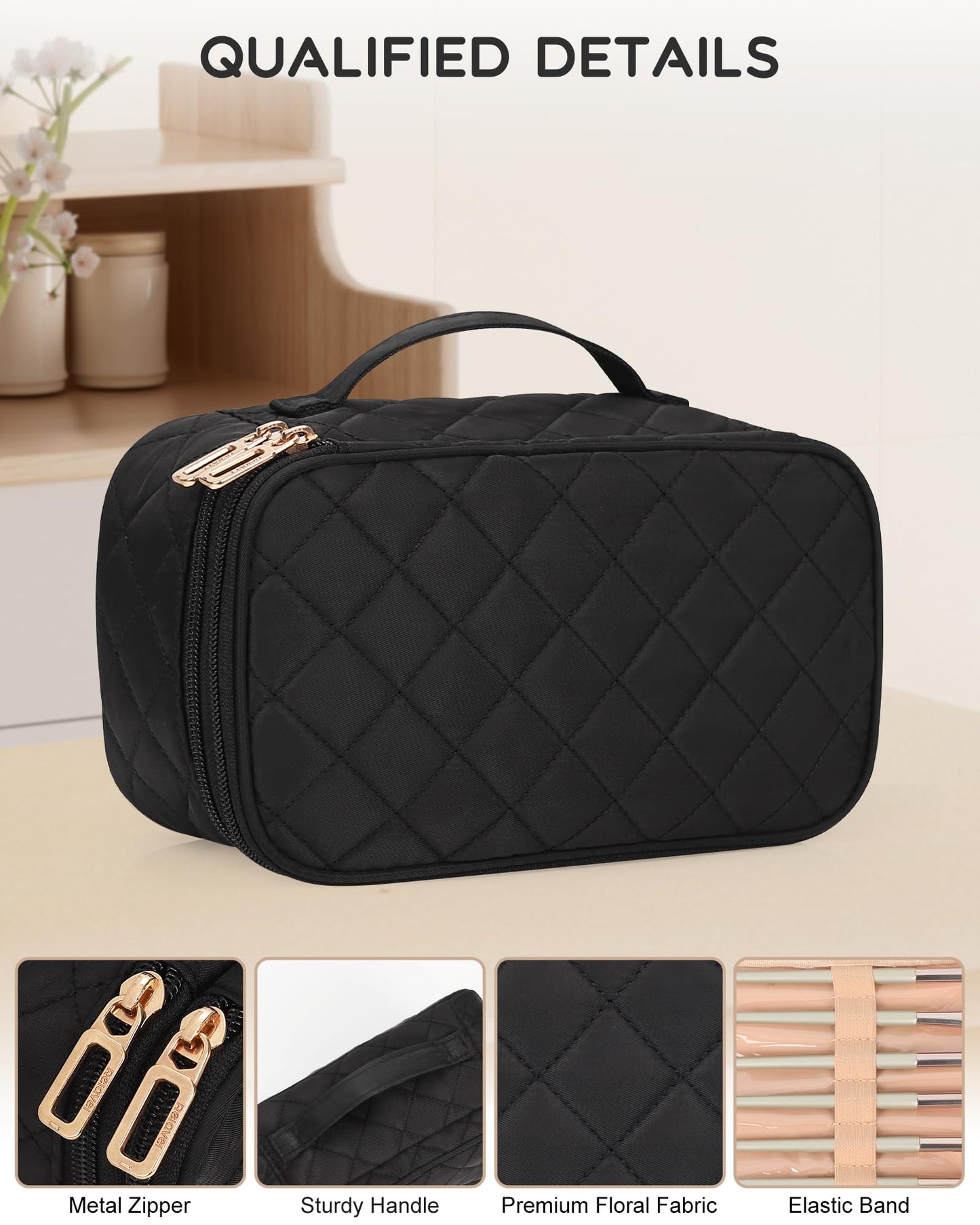 Relavel Travel Makeup Bag, Small Makeup Bag for Women, Makeup Organizer Pouch, Compact Cosmetic Bag, Double-layer Makeup Bag with Brush Holder Beauty and Personal Care Relavel