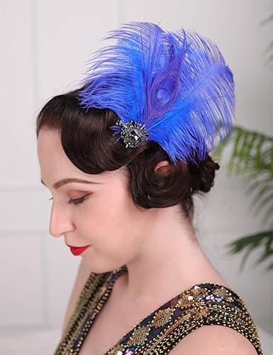 Aimimier 1920s Headpiece Flapper Royal Blue Feather Hair Clip Crystal Roaring 20s Prom Party Festival Hair Accessories for Women Beauty & Personal Care Aimimier