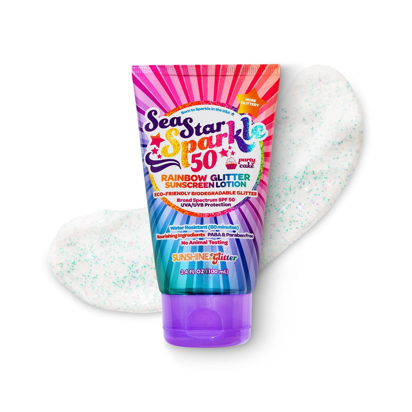Seastar Sparkle - Rainbow Party Cake Scented Glitter Sunscreen - SPF 50 - Biodegradable Sunscreen, Kids, Water Resistant, Glitter lotion, Cruelty Beauty & Personal Care Sunshine & Glitter