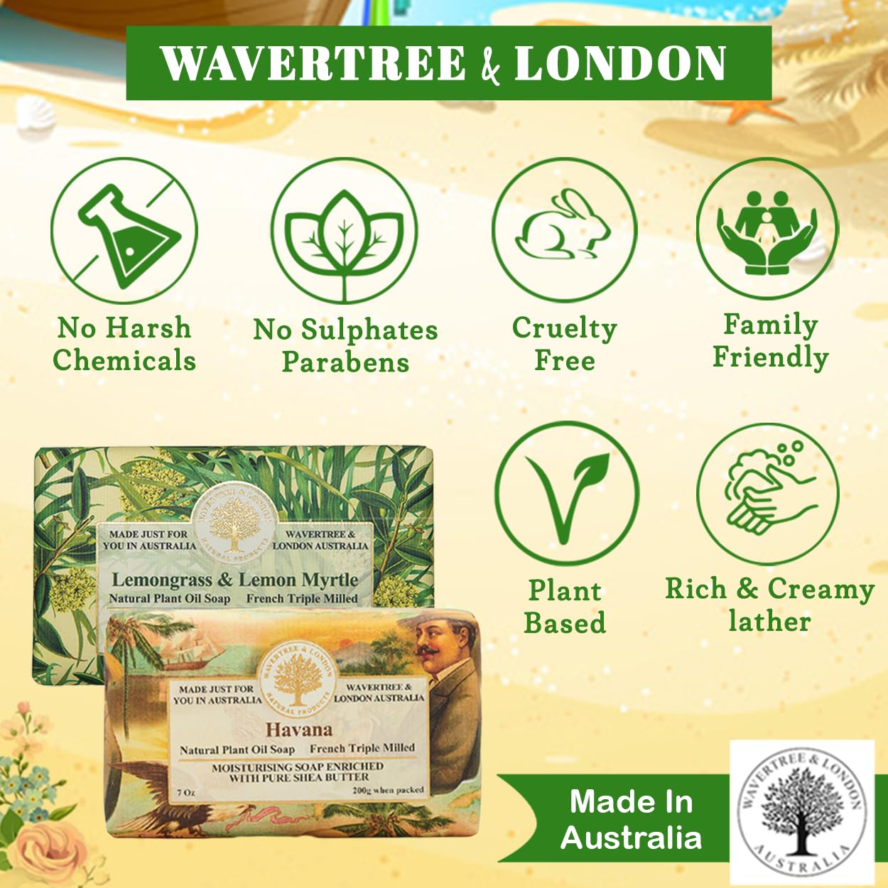 Wavertree & London Duo Gift Box (2 Bars) - 7oz Havana and Lemongrass & Lemon Myrtle Scented Triple Milled Natural Soap Bars - Pure Plant Oil Soap Bars Beauty & Personal Care Wavertree & London