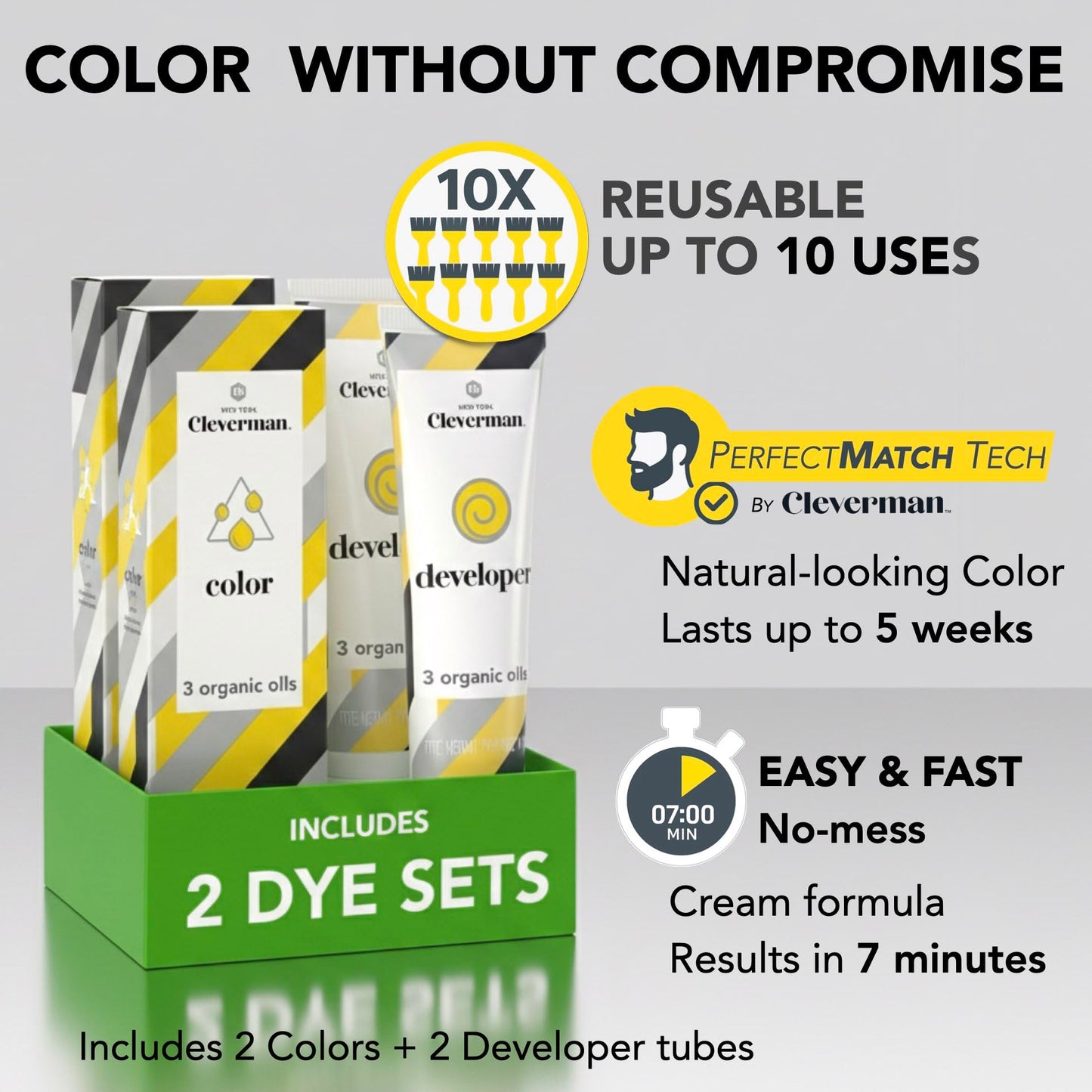 2X Reusable Hair & Beard Dye for Men - Medium Blond 8.01 | Up to 10 Uses, 7 Minutes | Natural Gray Coverage, No-Drip Cream with SkinArmour® Beauty & Personal Care CLEVERMAN