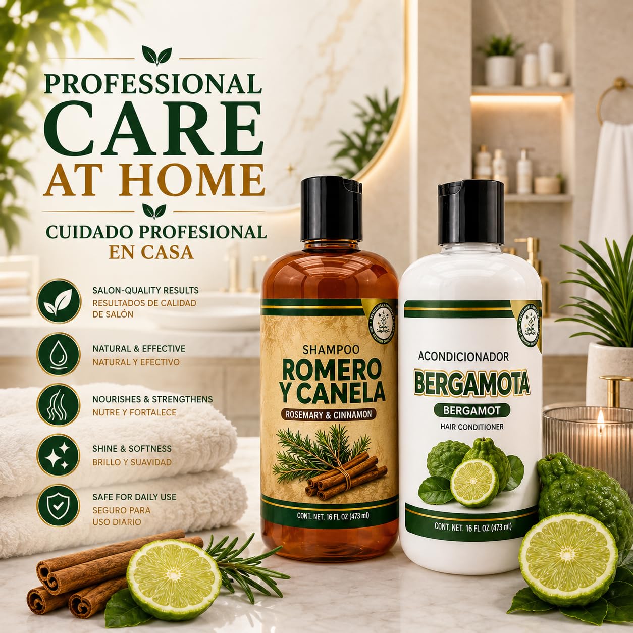 HIGH SUPREME Shampoo Romero, Sábila & Canela + Acondicionador de Bergamota - 16.9 fl oz each - Premium Nourishing Hair Care Set - Nutre y Revitaliza Beauty & Personal Care HIGH SUPREME