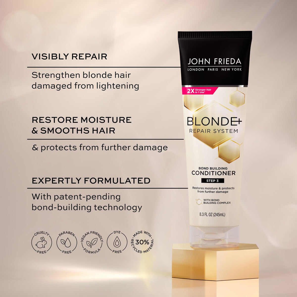 John Frieda Blonde+ Hair Repair System, Conditioner with Bond Building Complex, Restores Moisture and Protects Hair From Further Damage, Step 3 of