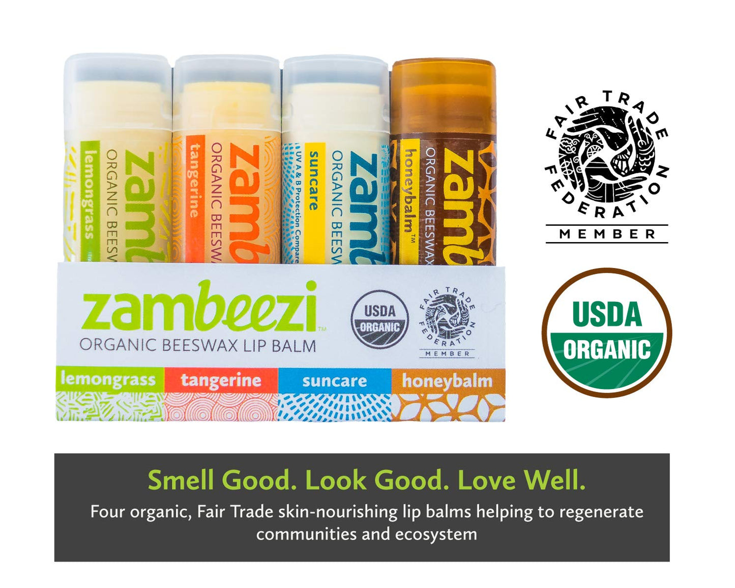 ZAMBEEZI Fair Trade, Organic Beeswax Lip Balm - Variety 4 Pack (Lemongrass, Tangerine, Suncare and Honeybalm) - Ethically Sourced Beauty and Personal Care Zambeezi