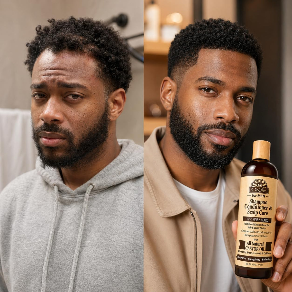 OKAY-MEN 3 in 1 Shampoo and Conditioner - Castor Oil Shampoo and Conditioner, Beard Wash, Clarifying Treatment for Dry Damaged Hair, Dandruff, Curly