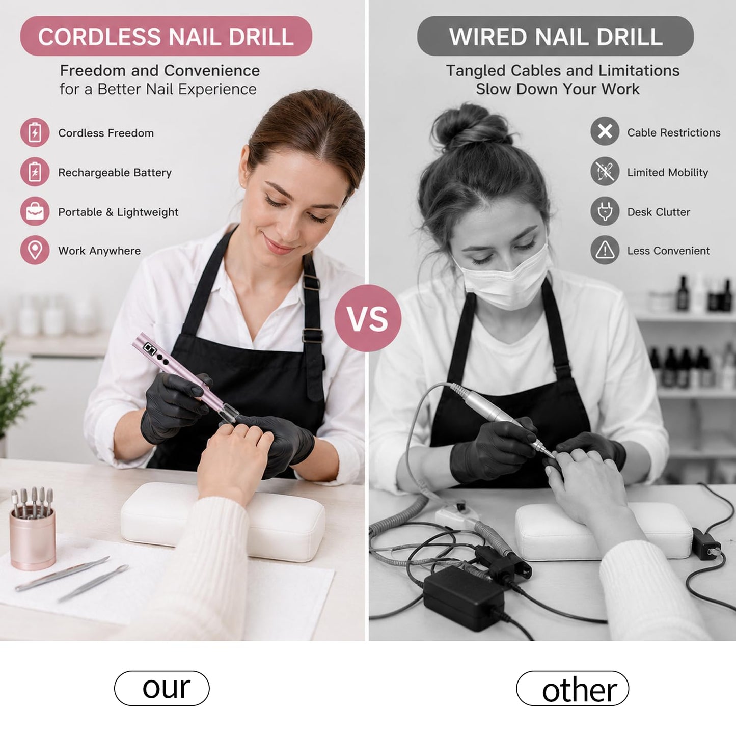 Professional Cordless Nail Drill Kit for Gel & Acrylic Nails, Electric Nail File with 5 Metal Bits, 30 Sanding Bands & Dust Cover - Manicure Pedicure Beauty and Personal Care CBVCBV