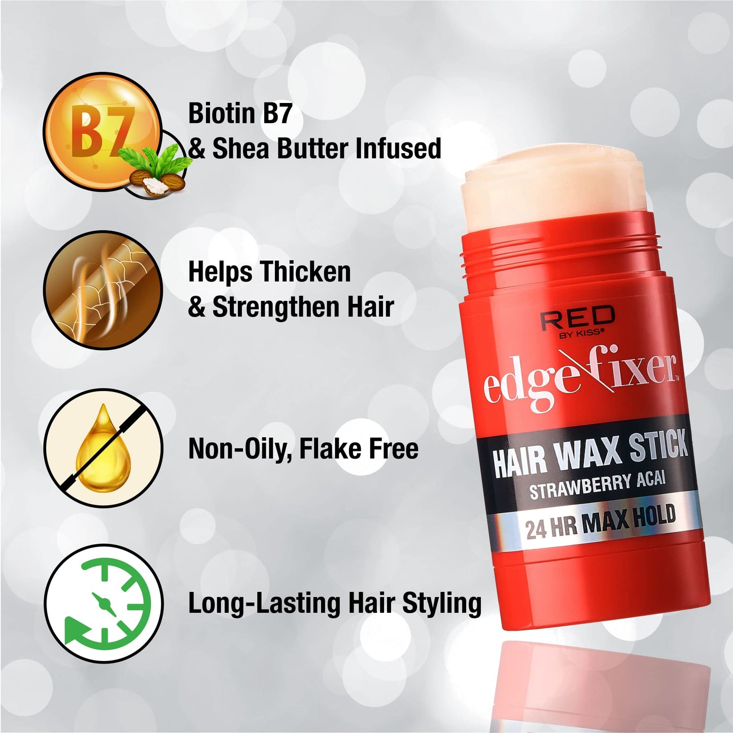 Red by Kiss Hair Wax Stick 24HR Max Hold Edge Fixer Edge Control Pomade Non-Sticky, Non-Oily Flake Free Hair Styling Wax (Strawberry Acai) Beauty & Personal Care Red by Kiss