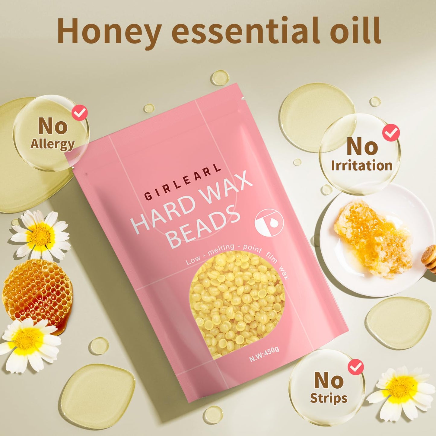 GIRLEARLE Hard Wax Beads, 1lb Honey Wax Beans for Hair Removal, Hard Wax for Sensitive Skin at Home, Wax Refill Perfect for Brazilian Bikini, Legs Beauty and Personal Care GIRLEARLE