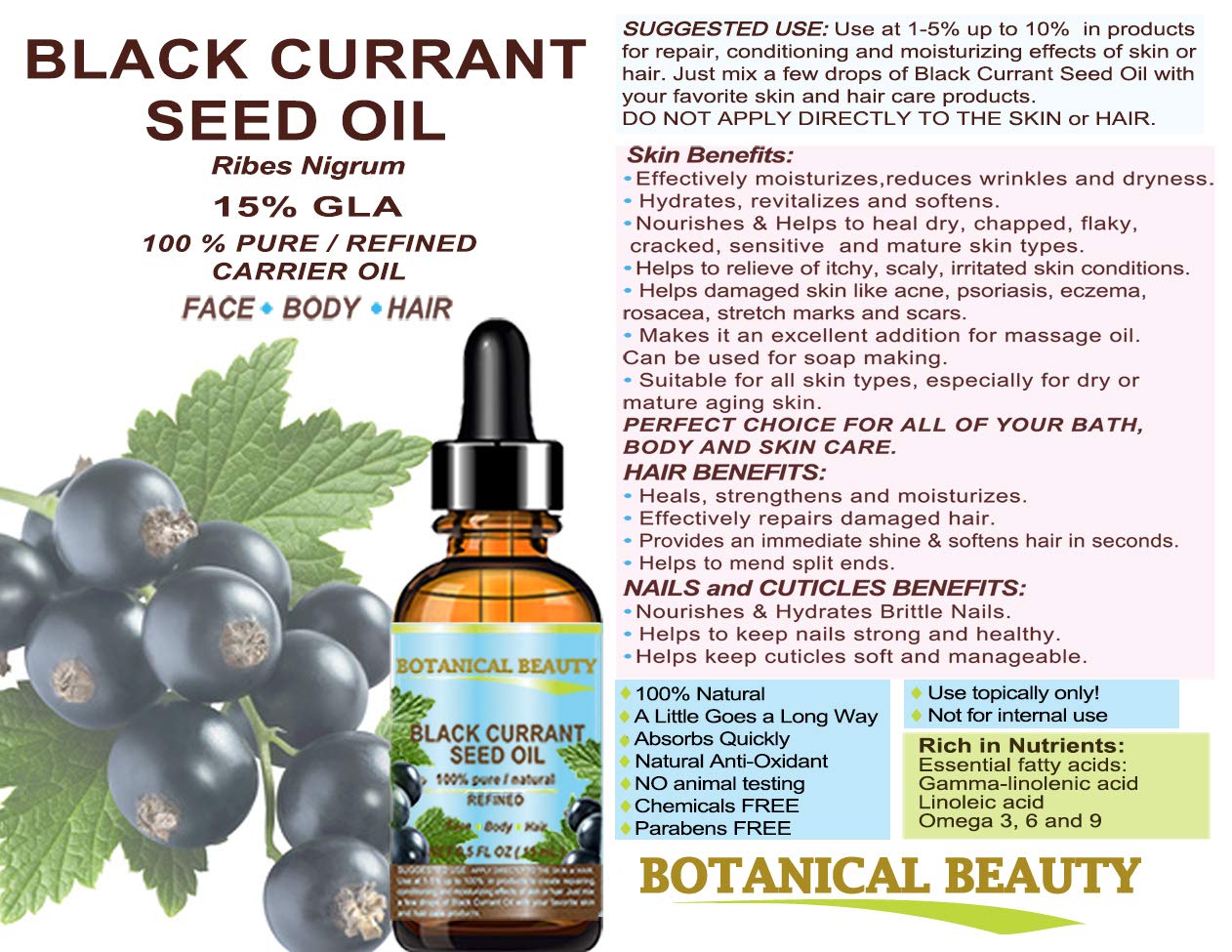 Botanical Beauty BLACK CURRANT SEED OIL. 100% Pure Natural Undiluted Refined Cold Pressed Carrier Oil for Skin, Hair, Lip and Nail Care (4 Fl Oz) Beauty & Personal Care Botanical Beauty