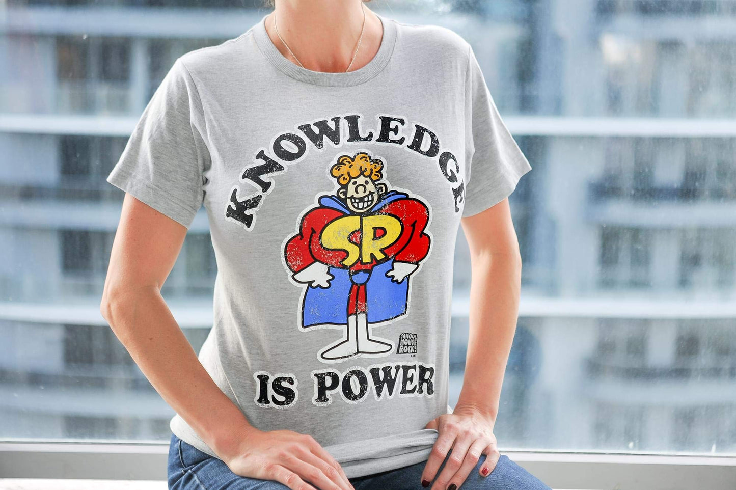 Schoolhouse Rock! Knowledge is Power Adult T-Shirt - Grey, Light-Weight, Short-Sleeve, Unisex, Crew Tee - Features Schoolhouse Rocky Caped Superhero Beauty & Personal Care Ripple Junction