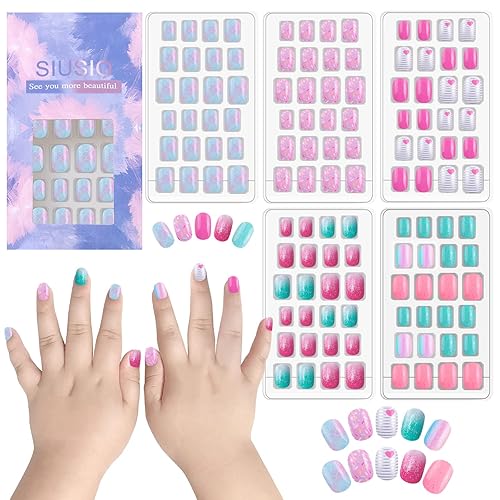 SIUSIO 120 Pcs 5 Pack Children Acrylic Fake Nails Press on Pre-glue Full Cover Glitter Gradient Color Rainbow Short False Nail Art Kits Set for Kids Beauty & Personal Care SIUSIO