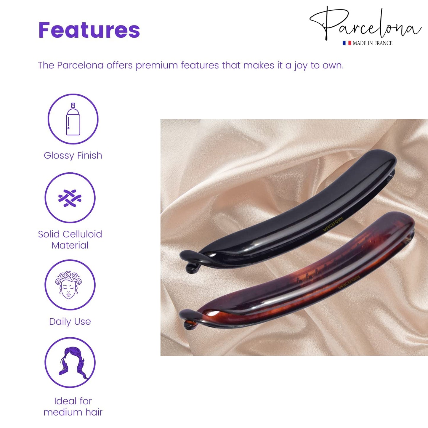 Parcelona French Small 3 ¾” Celluloid Set of 2 French Banana Hair Clip Flexible Ponytail Holder Fashion Durable Styling Paris Hair Accessories Beauty & Personal Care Parcelona