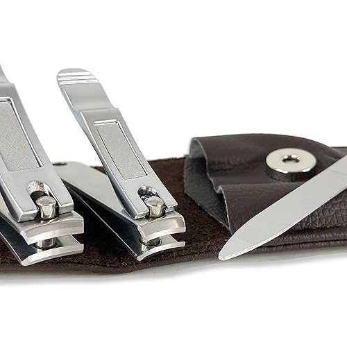 Nail Clippers by Zizzili Basics - 3 Piece Nail Clipper Set - Stainless Steel Fingernail & Toenail Clippers with Nail File and Brown Travel Case - Best Beauty & Personal Care Zizzili Basics