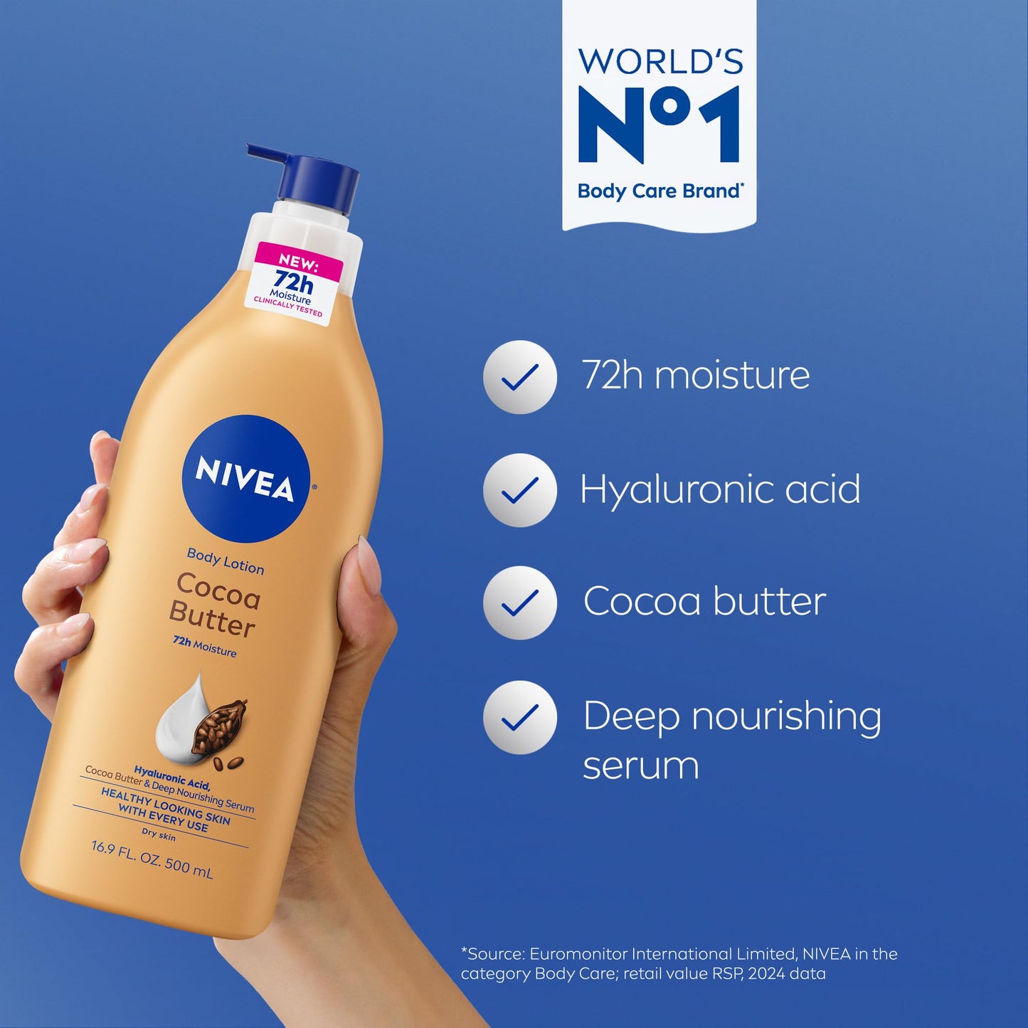 NIVEA Cocoa Butter Body Lotion for Dry Skin with Hyaluronic Acid, Cocoa Butter and Deep Nourishing Serum, 72-Hour Body Moisturizer, 16.9 Fl Oz Pump Beauty & Personal Care NIVEA