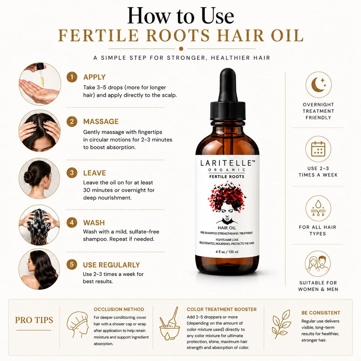 Laritelle Organic Scalp & Hair Treatment Oil - Fertile Roots - Jojoba, Argan, Bhringaraj, Gotu Kola & Clary Sage - Anti-Thinning, 4 oz