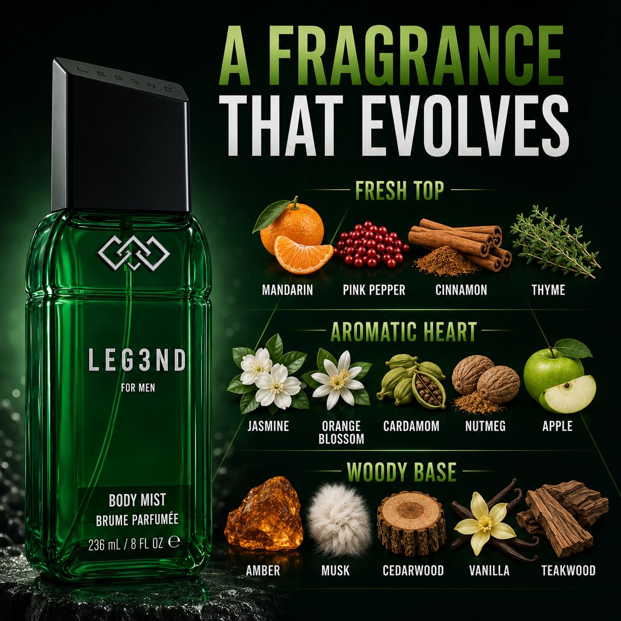 LEG3ND Body Mist for Men - Green, 8 FL OZ (236ml) | Long-Lasting Fresh Masculine Fragrance Spray with Natural Essential Oils | Everyday Body Spray Beauty & Personal Care LEG3ND