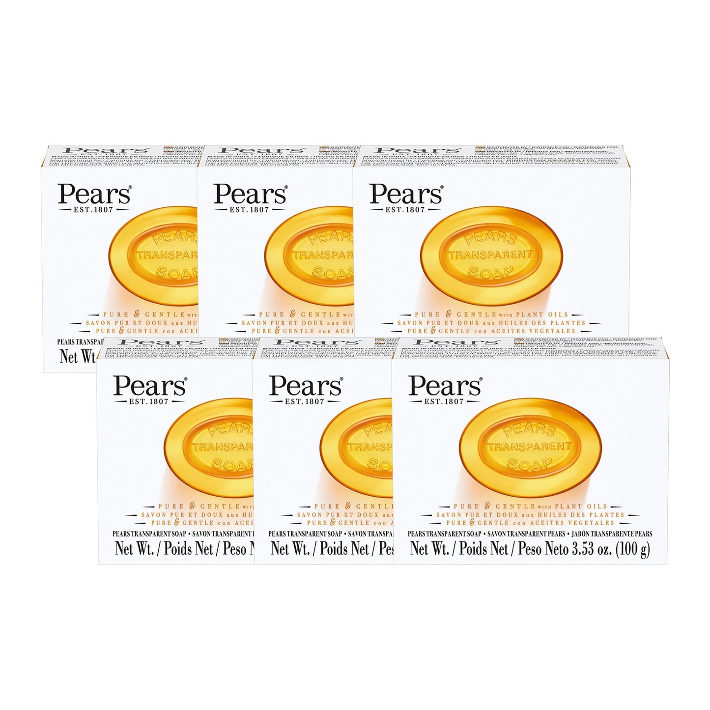 Pears Pure and Gentle with Glycerin and Natural Oils - Transparent Soap Bar for Radiant Skin - Bar Soap for Women and Men - Amber - 6 pc Beauty & Personal Care Pears