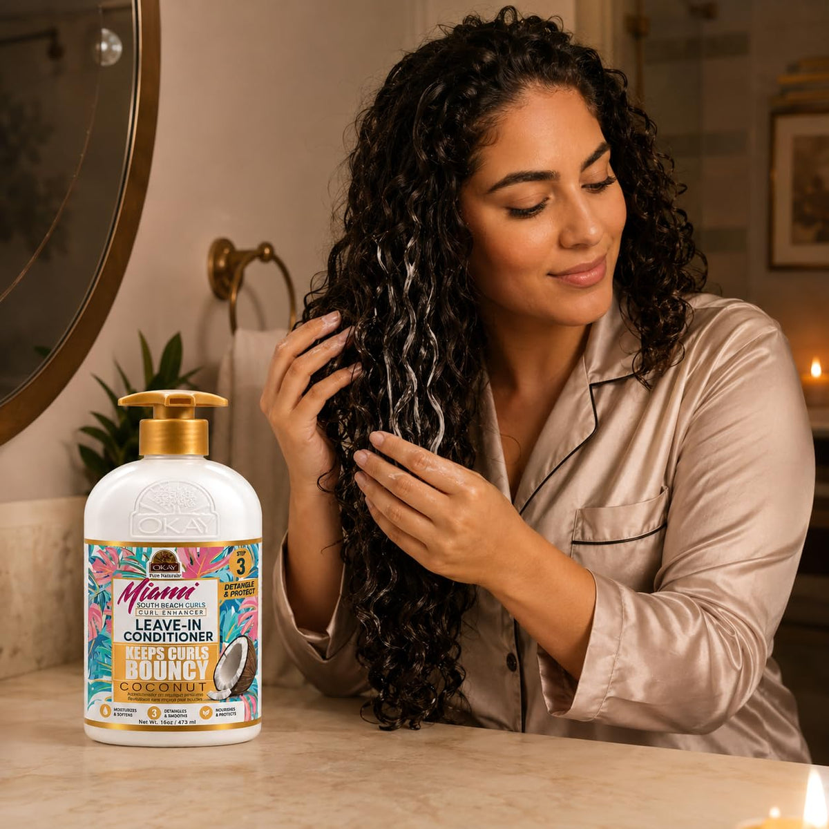 OKAY Miami South Beach Curls Curl Enhancer Leave-In Conditioner 12 oz - Hydrating Curl Defining Cream for Frizz Control, Soft Bouncy Curls - Sulfate &