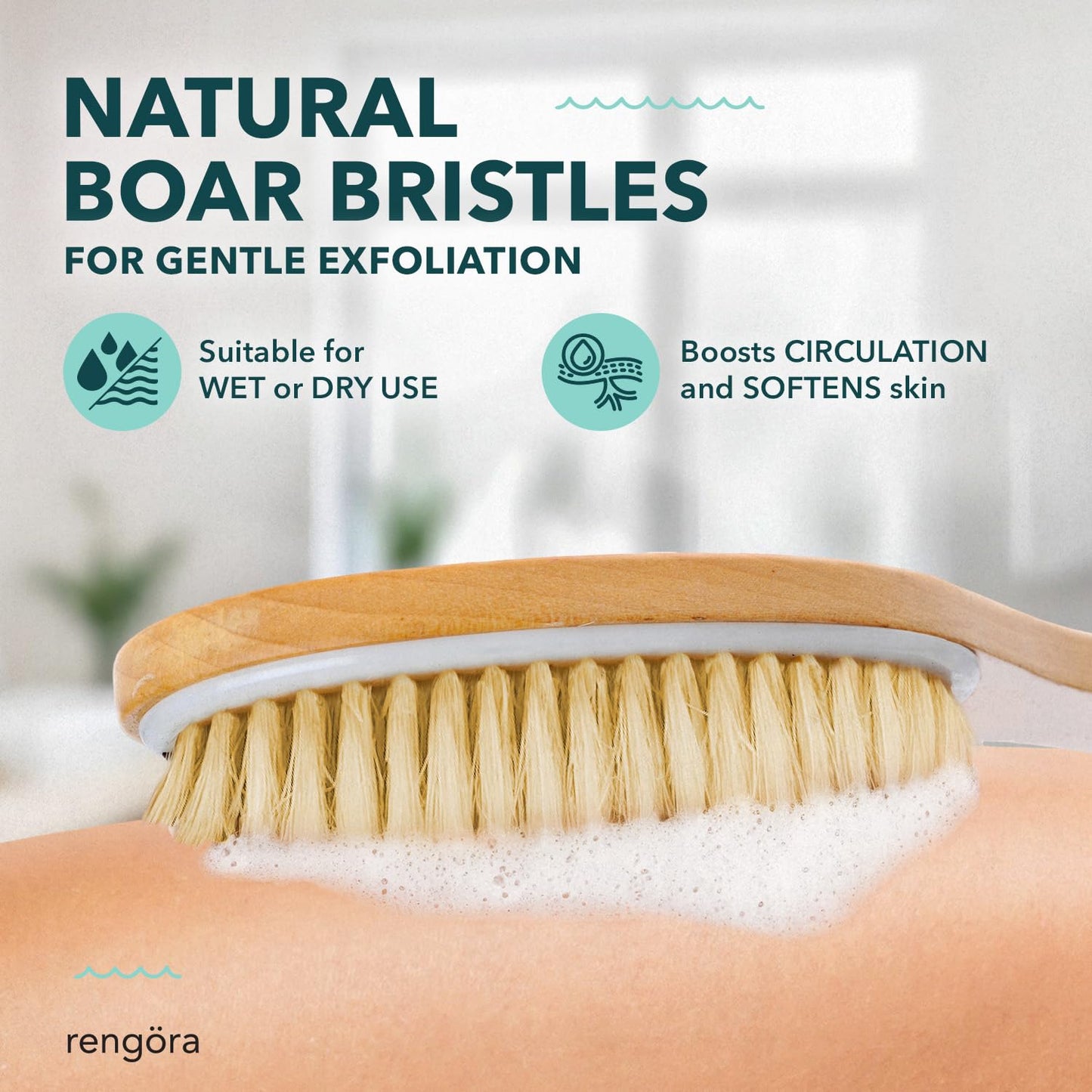 Dry Brushing Body Brush, Body Scrubber Dual-Use for Wet/Dry Exfoliating, Great for Lymphatic Drainage, Natural Boar Bristles, Ergonomic Handle, Makes Beauty and Personal Care rengöra